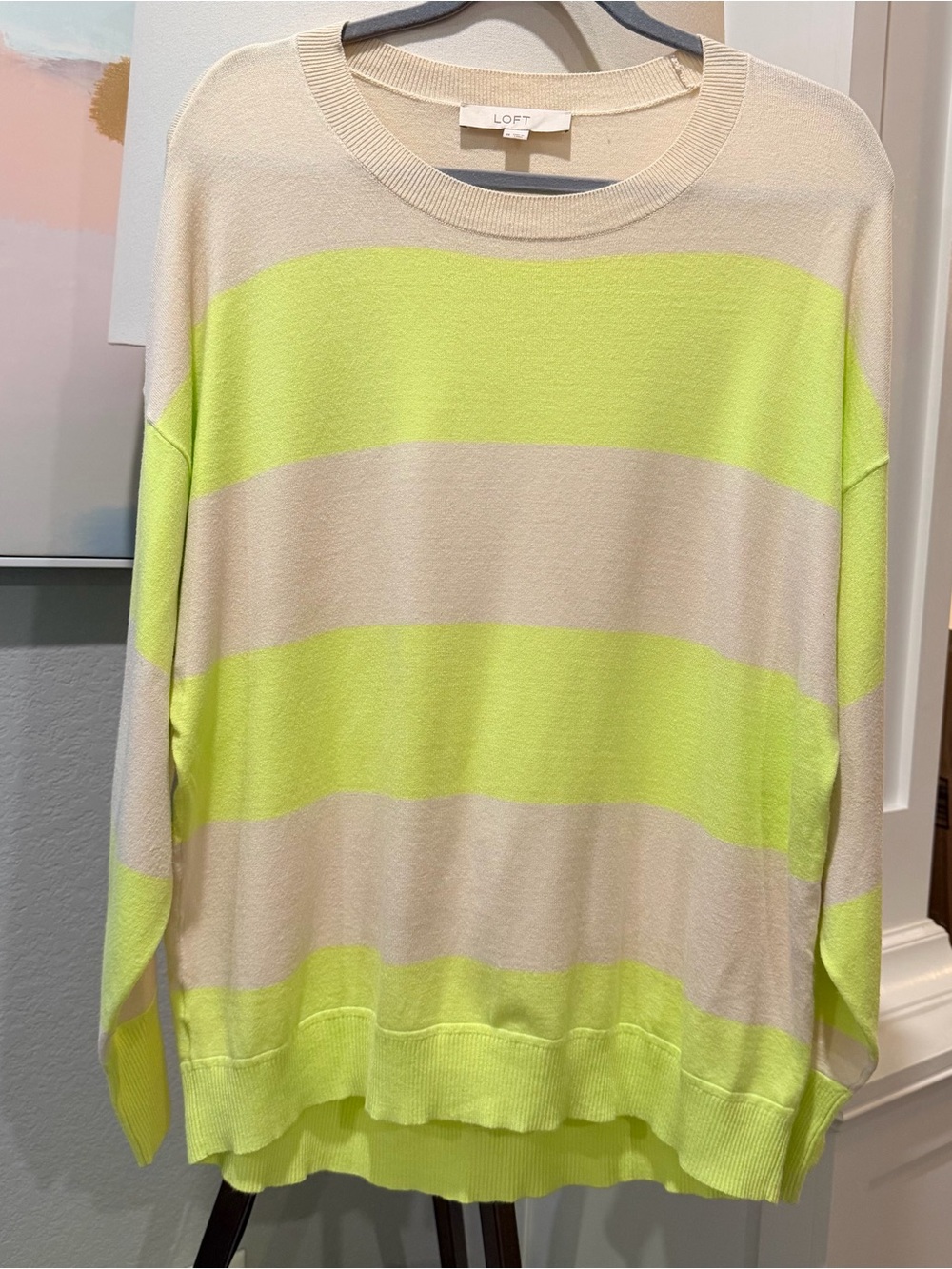 LOFT Cream and Neon Yellow Striped Scoopneck Sweater